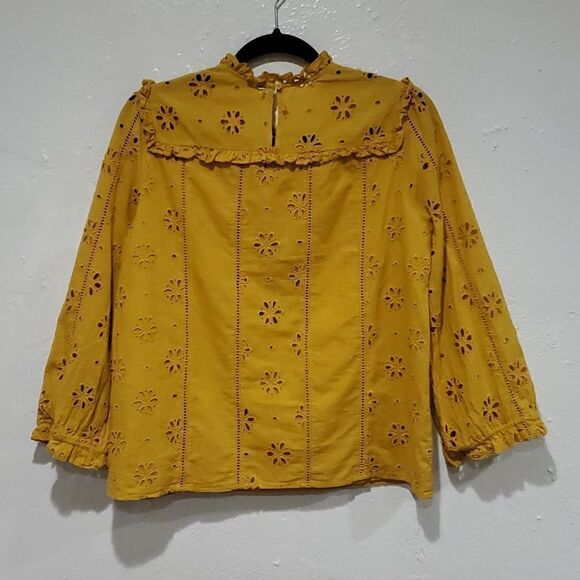 J. Crew Mustard Eyelet Long Sleeve Mock Neck Ruffled Top Size XS - Picture 6 of 13